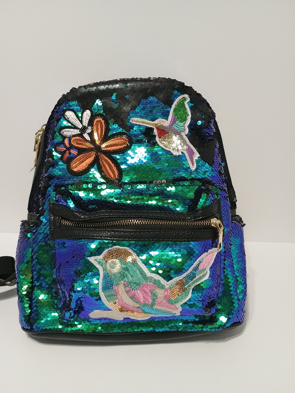 Style Lab Girl Mermaid Sequin Mini Backpack Purse Bird & Hummingbird Patc
